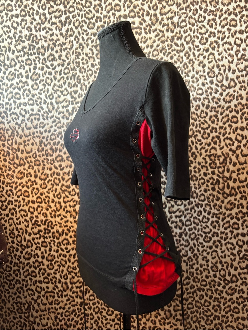 Harley-Davidson Black Short-Sleeve Lace-Up Side Top with Red Panel